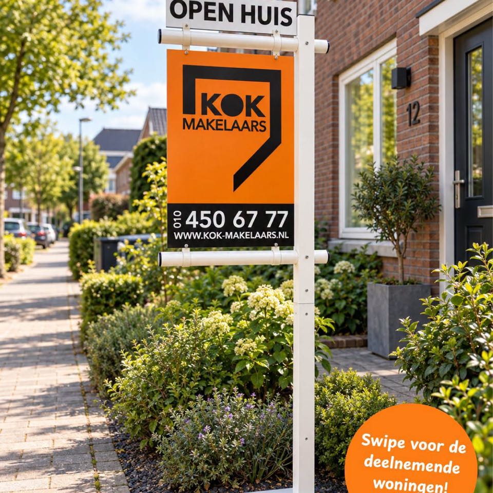 Open huis-bord van Kok Makelaars in een groene straat
