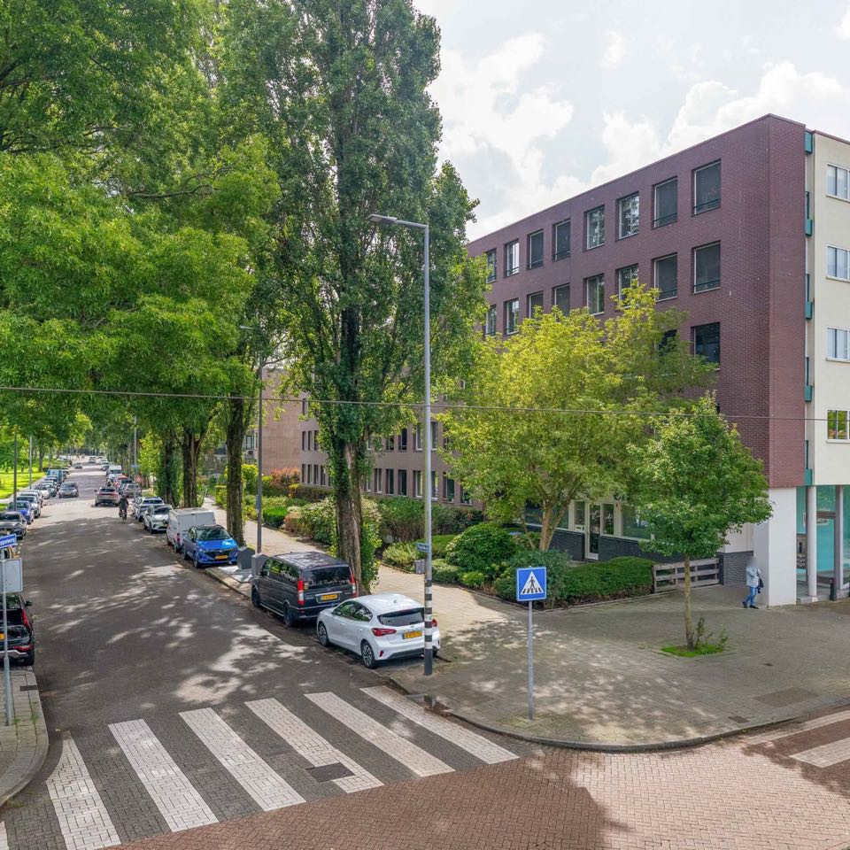 Straat met appartementengebouw en bomen